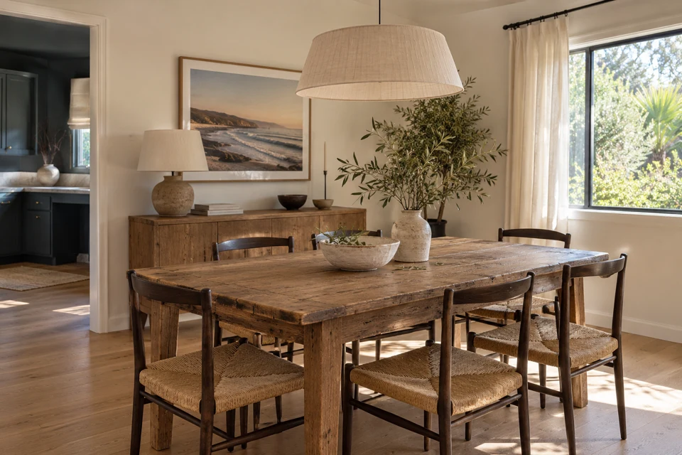 Sunlit dining room with a rustic oak table, woven chairs, and a linen pendant